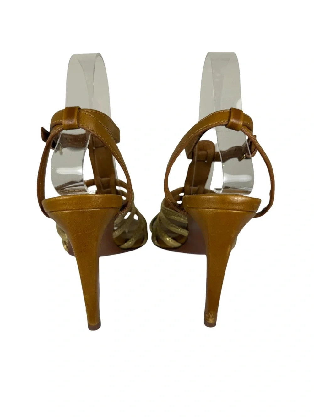 Tory Burch Charlene Caged Leather Strappy Brown Gold Heeled Sandals Sz 8.5